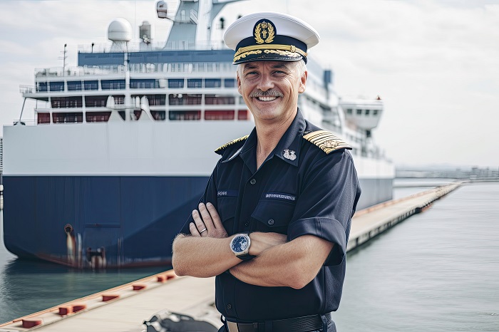 captain standing before a large passenger ferryboat, showcasing the scale and impressive engineering of the vessel. The image highlights the important role of skilled individuals in safely transporting passengers across the water, emphasizing the professionalism and responsibility of those who operate these impressive ships. Generative AI